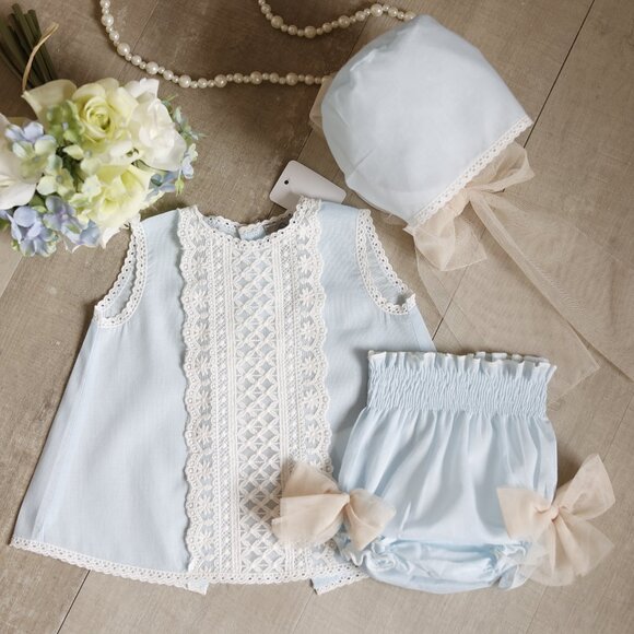 Boutique Other - RARE Blue Vintage Newborn Diaper Set With Bonnet Lace and Tulle Newborn NWOT